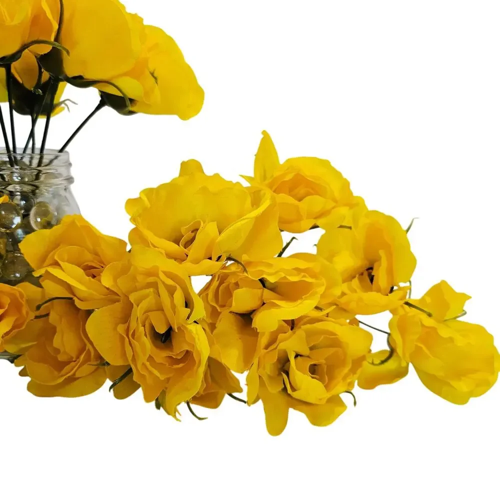 Yellow Artificial Silk Rose Buds Wired Stems Wedding Craft 2.5